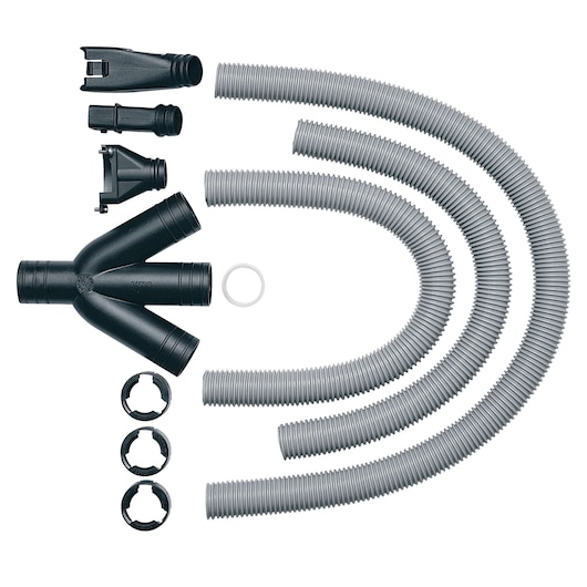 DEWALT DE7778 photography kit with hoses, connectors, and fittings arranged on a white background.