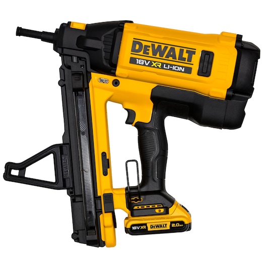A yellow and black DEWALT 18V XR Li-Ion cordless nail gun with a battery attached, pictured against a white background.