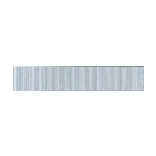 A strip of silver metal brad nails arranged in a row, shown against a white background.