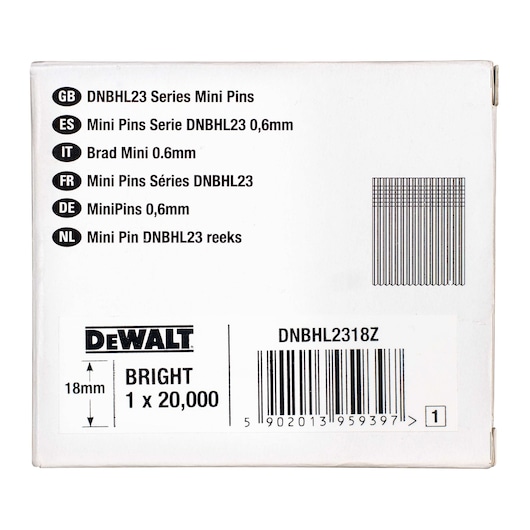 Close-up of a DEWALT product box for DNBHL2318Z mini pins, series DNBHL23. The label indicates they are 0.6mm bright mini pins, 18mm length, with a quantity of 20,000 pins. Various language descriptions and a barcode are visible on the packaging.
