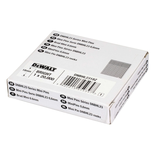 A white rectangular box of DEWALT mini pins, model DNBHL2318Z, with multilingual text including product details and a barcode. The package indicates 18mm, 0.6mm bright mini pins, and contains 20,000 pins.