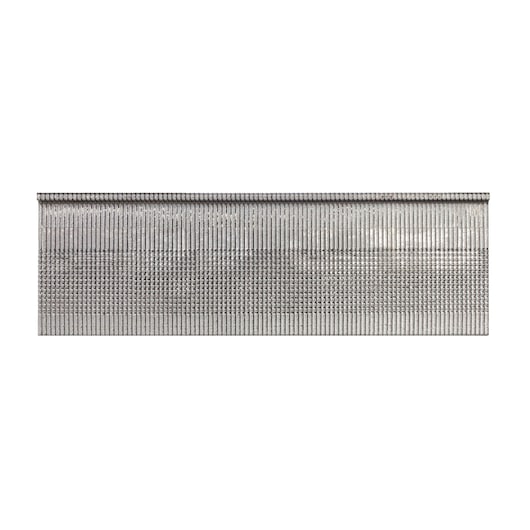 A close-up image of a strip of metal finishing nails, aligned side by side, designed for use with a nail gun. The nails are silver in color and are shown on a white background.