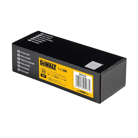 A black rectangular box of DEWALT flooring nails, model DNDL50Z. The packaging highlights that it contains 1,000 nails, each 50mm in length, and displays a barcode on the side.