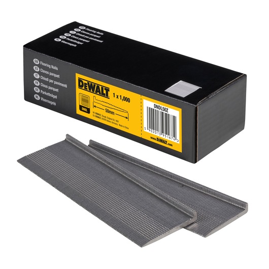 Box of DEWALT flooring nails, SKU DNDL50Z, containing 1,000 nails of 50mm length, with several nails displayed in front of the box.