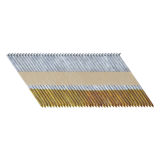 Collated angled nails in a strip, used with nail guns for construction and carpentry jobs.