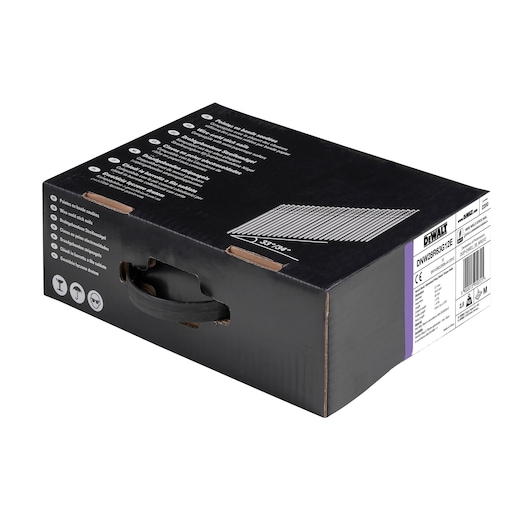 A black DEWALT product box with a carrying handle, labeled with product information and specifications for the DNW28R63G12E. The box features various icons and descriptions in multiple languages.