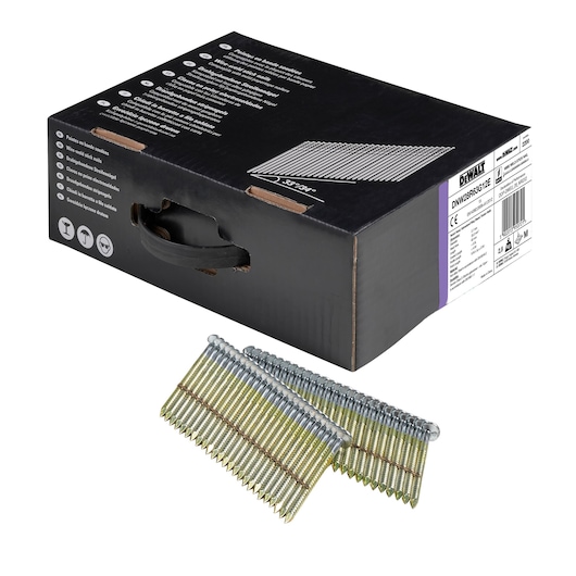 A box of DEWALT nails, model DNW28R63G12E, with two strips of galvanized collated nails displayed in front of the box. The packaging is black with product information and graphics.