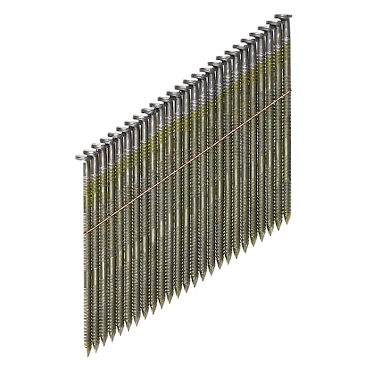 A row of collated framing nails held together by wire, used for nail guns in construction.