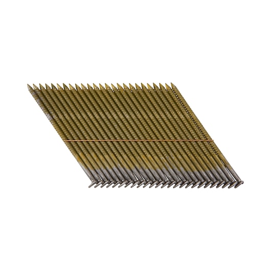 A pack of angled collated nails with a golden finish for use in a nail gun, displayed on a white background.
