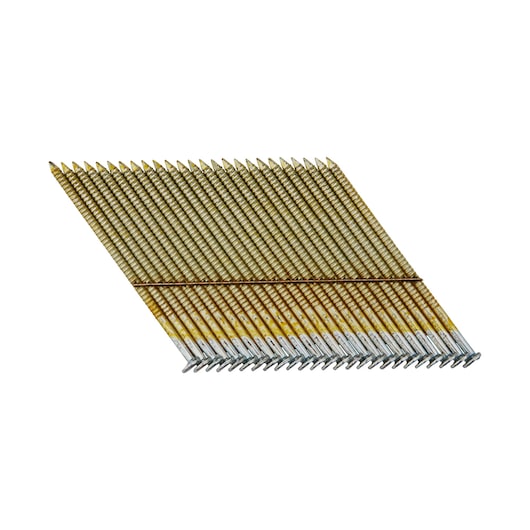 Angled strip of galvanized nails for nail gun usage, shown in a tidy row with pointed tips and flat heads.