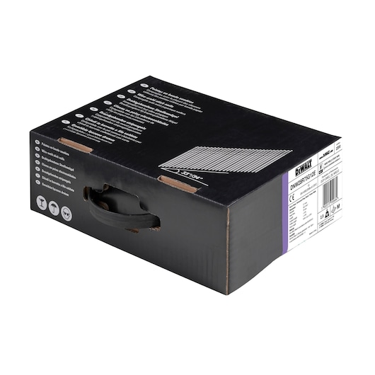 A black DEWALT branded box with product information, a barcode, and specifications printed on the side. The box has a plastic handle and illustrations indicating product features.