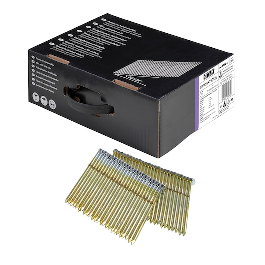 A box of DEWALT collated framing nails with strips of nails displayed in front of the black packaging. The box includes product information and branding.