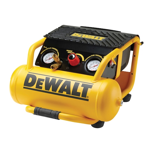 DEWALT DPC10RC yellow air compressor with gauges and handle, shown against a white background.