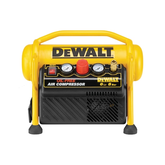 DEWALT oil-free air compressor with yellow and black design, control panel, pressure gauges, and sturdy handle.