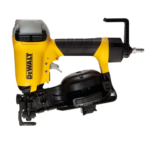 DEWALT yellow pneumatic nail gun with black handle and coil magazine, side view, isolated on white.