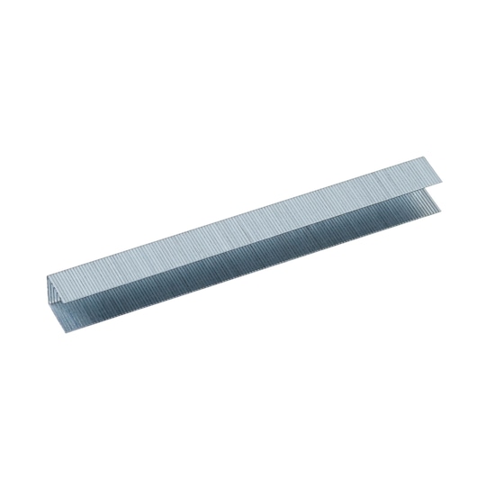 A strip of metal staples for staplers, arranged in a row on a white background.
