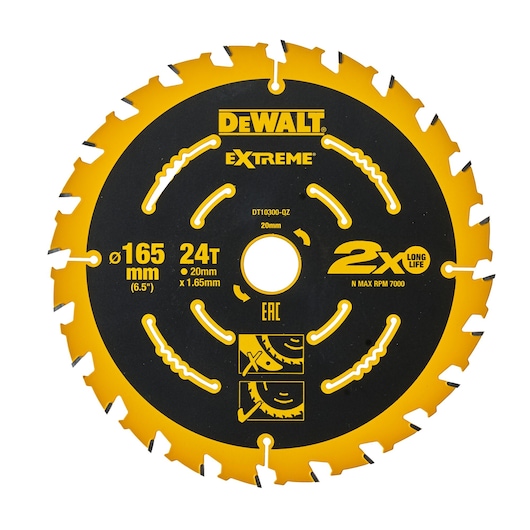 DEWALT DT10300 Extreme 165mm circular saw blade, 24 teeth, black and yellow, tool accessory.