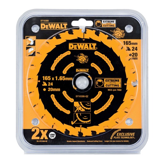 DEWALT DT10300 circular saw blade in retail packaging, 165mm diameter, 24 teeth, for extreme cutting.