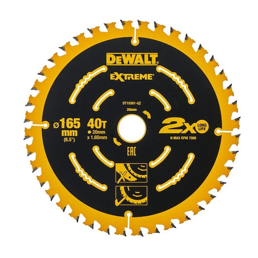 DEWALT Extreme circular saw blade, model DT10301, 165mm diameter with 40 teeth. The blade is black with yellow accents and markings, suitable for woodworking, featuring specifications printed on its surface.