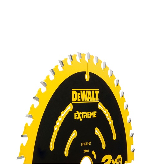 Close-up of a DEWALT DT10301 circular saw blade with yellow and black extreme design.