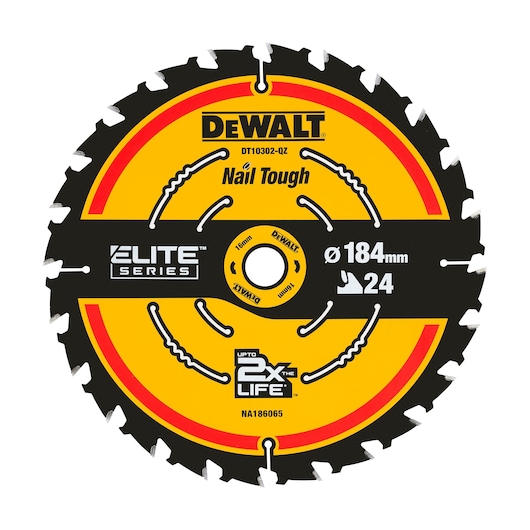 DEWALT DT10302-QZ Elite Series circular saw blade, 184mm diameter with 24 teeth, labeled 'Nail Tough' and 'Up to 2x the Life', featuring a yellow and black design.