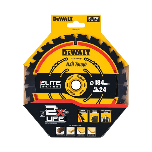 Front view of a DEWALT Elite Series circular saw blade in its packaging, model DT10302-QZ, featuring 184 mm diameter and 24 teeth. Packaging highlights 'Nail Tough' feature, up to 2x longer life, impact resistance, premium carbide, and accurate cutting. Recommended for tough wood, cross cutting, sheet goods, and soft wood.