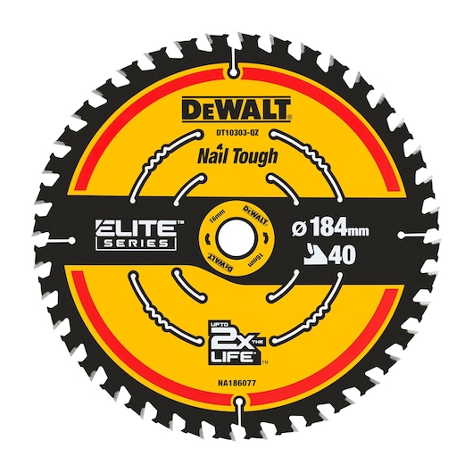 DEWALT DT10303 circular saw blade, Elite Series, 184mm diameter, 40 teeth, yellow and black.