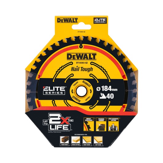 DEWALT DT10303 Elite Series circular saw blade, 184mm diameter, 40 teeth, packaging for tough wood cutting.