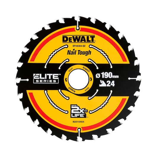 DEWALT DT10304 190mm 24-tooth Elite Series circular saw blade for cutting wood with nails.