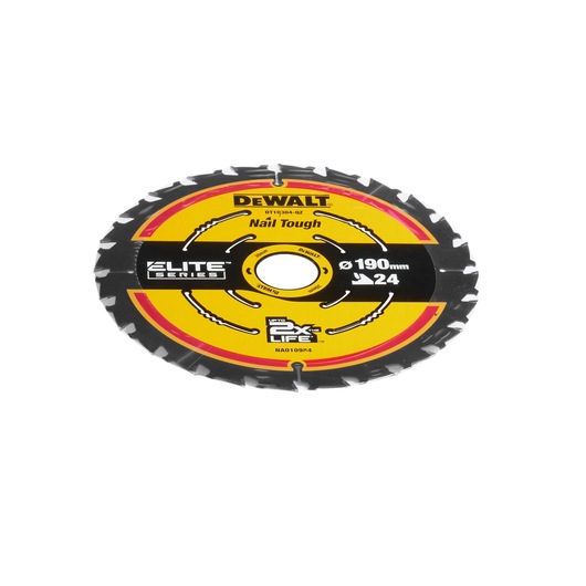 DEWALT DT10304 circular saw blade, 190mm, 24 teeth, Elite Series, yellow and black design.