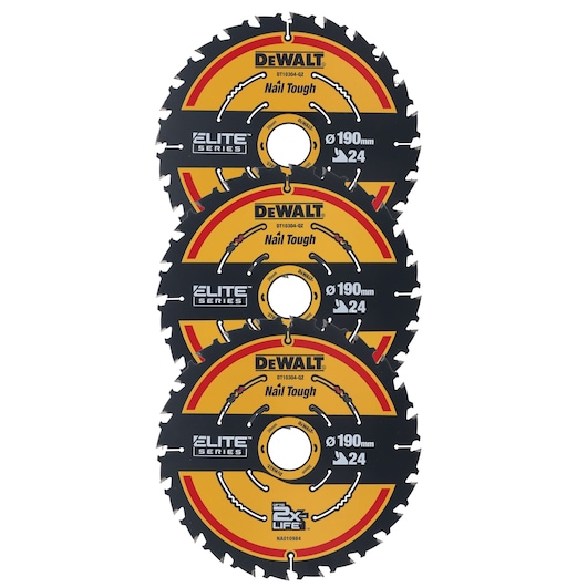 Three DEWALT 190mm Elite Series circular saw blades stacked, featuring Nail Tough durability and 24 teeth.