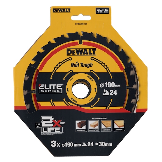 DEWALT Elite Series saw blade, Nail Tough, 190mm, 24 teeth, recommended for wood cutting, in yellow packaging.