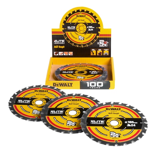 DEWALT saw blades, Elite Series, Nail Tough, SKUs DT10400, DT10400-QZ, yellow packaging, product display.