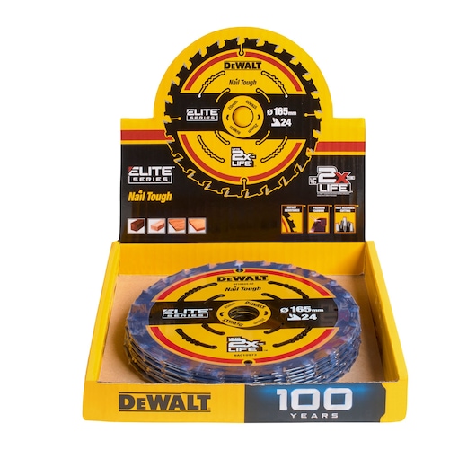 A display box of DEWALT Elite Series circular saw blades, featuring a yellow and black design. The blades are labeled 'Nail Tough' and have specifications of 165mm diameter and 24 teeth. The packaging highlights 2x longer life and the DEWALT 100 Years anniversary.