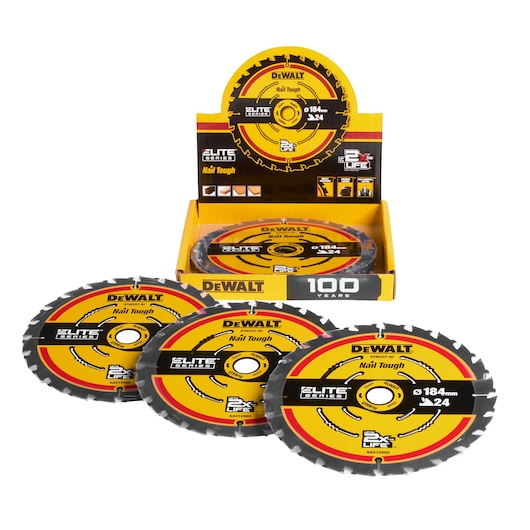 DEWALT saw blades in Elite Series pack, DT10401-QZ, DT10401, photography category, display box and blades visible.