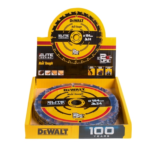 DEWALT saw blade display, Elite Series, 184mm, 24T. SKUs: DT10401-QZ, DT10401. Photography category.
