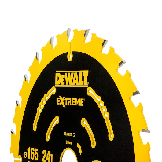 Close-up of a DEWALT Extreme DT10624 circular saw blade with yellow and black design and sharp teeth.