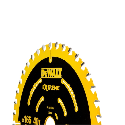 DEWALT saw blade, DT10640 and DT10640-QZ SKUs, yellow and black, photography category.