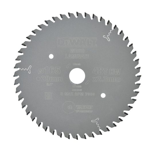 DEWALT DT1086 circular saw blade for wood and laminate, 165mm diameter, 48 teeth, 20mm bore.