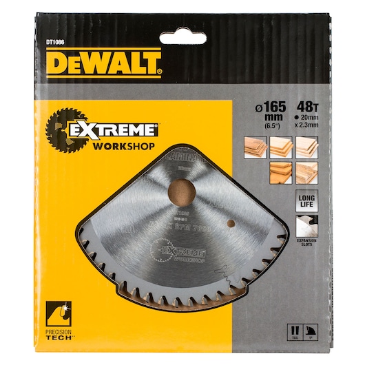 DEWALT DT1086 Extreme Workshop 165mm 48T circular saw blade in yellow and grey packaging for wood cutting.