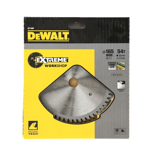 DEWALT Extreme Workshop circular saw blade in retail packaging. The blade is 165 mm in diameter, has 54 teeth, and features expansion slots. The packaging highlights precision technology and long life.