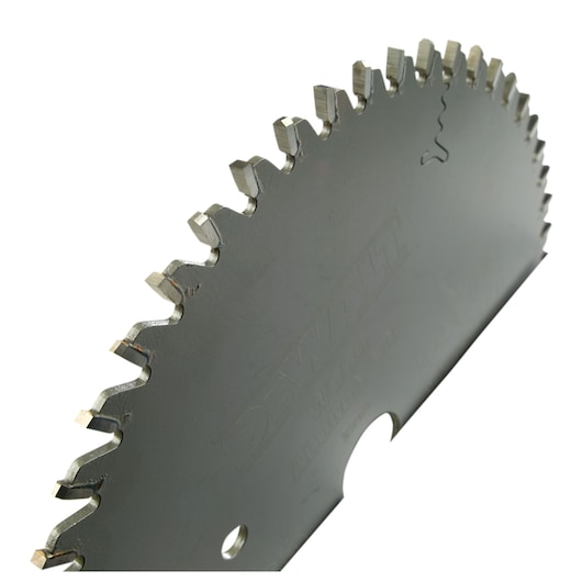 Close-up of a DEWALT circular saw blade with sharp teeth, used for cutting materials in power tools.