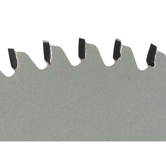 Close-up of DEWALT DT1088 saw blade teeth, showing sharp metal edges for cutting.