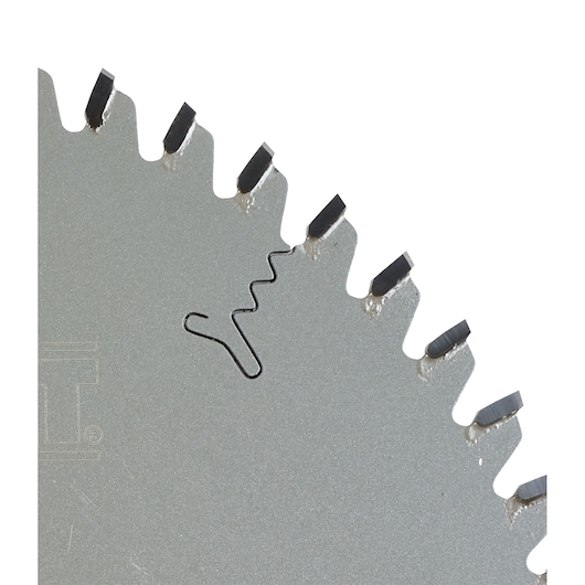 Close-up of a DEWALT circular saw blade with sharp carbide teeth and a vibration-reducing slot.