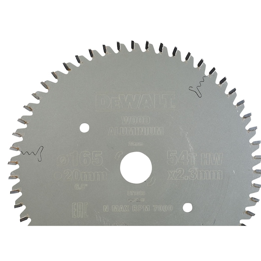 DEWALT circular saw blade for wood and aluminum, 165mm diameter, 54 teeth, product code DT1088.