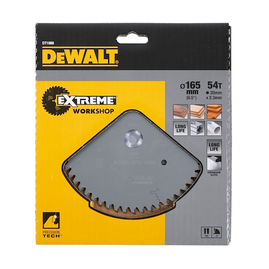 DEWALT DT1088 Extreme Workshop 165mm 54T saw blade in yellow and black packaging.