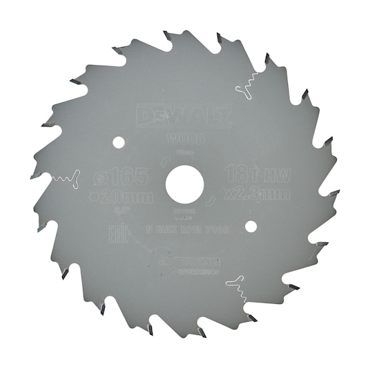 A DEWALT circular saw blade, model DT1089, designed for wood cutting. The blade is silver-grey with 18 teeth and features specifications engraved on the surface, including 165mm diameter, 20mm bore, and 2.3mm thickness.