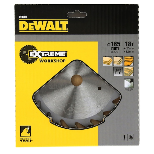 DEWALT DT1089 Extreme Workshop circular saw blade in retail packaging, showing specifications such as 165 mm diameter, 18 teeth, and suitable for cutting wood materials.