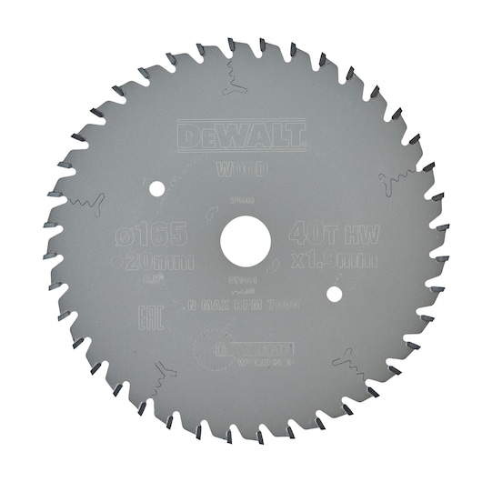DEWALT DT1091 circular saw blade for wood, 165mm diameter, 40 teeth, suitable for woodworking.