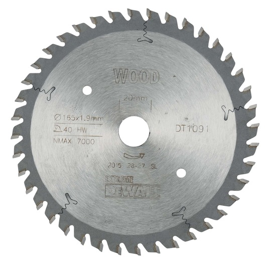 DEWALT DT1091 circular saw blade for wood, 165mm diameter with 40 teeth and metal finish.